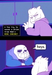 anthro arm_support bodily_fluids bone clothed clothing dialogue duo fully_clothed grin horn humor jacket leaning_on_elbow long_ears male simple_background skeleton smile sweat text topwear fatz_geronimo undertale undertale_(series) asriel_dreemurr sans_(undertale) animated_skeleton boss_monster_(undertale) bovid caprine goat mammal undead english_text