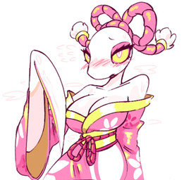 anthro asian_clothing big_breasts blush breasts cleavage clothed clothing east_asian_clothing female japanese_clothing kimono looking_at_viewer non-mammal_breasts pink_clothing pink_kimono solo white_body wide_hips yellow_eyes 87_god deltarune undertale_(series) mantis_(deltarune) arthropod darkner flower_mantis insect mantis orchid_mantis