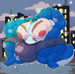 anthro big_bulge big_muscles big_pecs bodily_fluids building bulge huge_bulge huge_muscles huge_pecs hyper hyper_muscles hyper_pecs macro male muscular muscular_arms night pecs size_difference smug solo standing steam sweat thick_arms thick_thighs halftonhalfshell bandai_namco digimon digimon_(species) exveemon hi_res