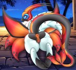 anus blurred_background female feral fusion genitals long_tail presenting pussy solo tail mailner nintendo pokemon flygon generation_3_pokemon generation_5_pokemon hybrid pokemon_(species) volcarona absurd_res hi_res