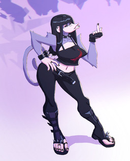 5_fingers 5_toes accessory alternative_fashion anthro bangs belt black_bottomwear black_clothing black_hair black_nails black_pants black_shirt black_topwear boots bottomwear bracelet camisole clothed clothing collar colored_fingernails colored_nails colored_toenails crop_top digit_ring ear_piercing eyeshadow facial_piercing feet female finger_ring fingerless_gloves fingernails fingers footwear fur furgonomics gesture gloves goth grey_body grey_fur hair hand_gesture hand_on_hip handwear jewelry lip_piercing lip_ring long_hair makeup middle_finger midriff nails navel pants piercing print_clothing print_shirt print_topwear purple_eyes ring ring_piercing shirt shoes solo spiked_boots spiked_clothing spiked_collar spiked_footwear spiked_tailband spikes standing studded_belt studded_bracelet studded_jewelry studs style_emulation tail tail_accessory tailband tight_bottomwear tight_clothing tight_pants toe_ring toeless_boots toeless_footwear toenails toes topwear redustheriotact beth_(redustheriotact) haplorhine mammal monkey primate 2023 hi_res