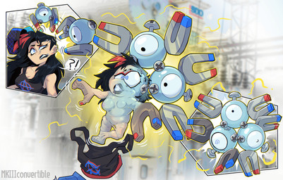 1_eye ambiguous_gender anarchy_symbol black_clothing black_hair black_lips black_shirt black_topwear blue_eyes breasts clothing conjoined ear_piercing ear_ring electricity facial_piercing female fused_eyes fused_fingers fused_legs group hair lip_piercing lips machine magnet merge_transformation merging nipples not_furry open_mouth photo_background piercing ring_piercing screw shirt species_transformation spiral spiral_eyes surprised three_frame_sequence topwear transformation transformation_sequence mkiiiconvertible nintendo pokemon generation_1_pokemon human magnemite magneton mammal pokemon_(species) robot 2025 digital_media_(artwork) mixed_media photography_(artwork) sequence