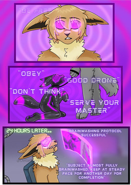 anthro black_latex bodily_fluids brainwashing brown_body brown_fur clothing collar dialogue drone drooling fur glowing glowing_eyes grey_body grey_fur group hypnosis hypnotic_visor latex leash leashed_collar male mind_control multicolored_body multicolored_clothing multicolored_fur multicolored_skinsuit nude_anthro nude_male purple_latex saliva skinsuit spiral spiral_eyes submissive submissive_anthro submissive_male tail tan_body tan_fur text tight_clothing trio two_tone_body two_tone_clothing two_tone_fur two_tone_skinsuit visor artywolf nintendo pokemon tom_the_eevee_(freaksman99) canid canine eevee generation_1_pokemon mammal pokemon_(species) 2026 comic english_text hi_res