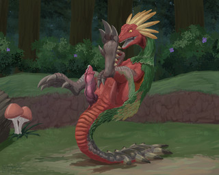 animal_genitalia bodily_fluids claws cloaca cloacal_penis cum cum_on_penis erection feathers feral forest forest_background fungus genital_fluids genitals green_body green_feathers grey_body grey_scales grey_tongue legs_up male mushroom nature nature_background open_mouth penis plant red_body red_scales scales seminal_groove shrub solo spiked_tail spikes spikes_(anatomy) standing_on_tail tail teeth toe_claws tongue tree yellow_body yellow_eyes yellow_feathers pokegontc capcom monster_hunter bird_wyvern dinosaur maccao prehistoric_species reptile scalie 2026 5:4 absurd_res digital_media_(artwork) digital_painting_(artwork) hi_res painting_(artwork)
