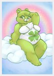 anthro belly belly_rolls blue_border blush border breasts chest_tuft cloud countershading crossgender featureless_breasts female green_body looking_at_viewer navel nude on_cloud open_mouth open_smile overweight overweight_anthro overweight_female rainbow shamrock sitting sitting_on_cloud smile solo thick_calves thick_thighs tuft white_body white_countershading blizzieart care_bears good_luck_bear bear mammal 2023 colorful_theme digital_media_(artwork) hi_res