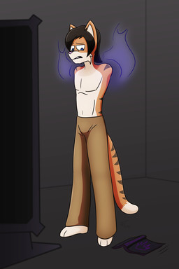 2_missing_limbs amputee anthro black_hair bottomwear clothed clothing disability double_amputee fur hair magic male missing_all_arms missing_arm pants simple_background solo topless white_body white_fur jasentamiia domestic_cat felid feline felis mammal hi_res