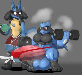 abs anthro balls biceps big_balls big_muscles big_penis blue_body blue_fur blush bodily_fluids bottomwear clothed clothing cum cum_in_clothing cum_in_underwear cum_through_clothing cum_through_underwear cumshot duo ejaculation erection exercise feet fur g-string g-string_only genital_fluids genitals growth hair huge_balls huge_muscles huge_penis humanoid_genitalia humanoid_penis hyper hyper_balls hyper_genitalia hyper_muscles hyper_penis male musclegut muscular muscular_anthro muscular_male musk nude open_mouth pecs penis pokeball pokeball_clothing simple_background size_difference speedo standard_pokeball sweat sweaty_genitalia swimwear teeth toes topless underwear underwear_only vein veiny_penis wardrobe_malfunction weightlifting weights wet wet_clothing wet_underwear workout vezerem nintendo pokemon canid canine generation_4_pokemon lucario mammal pokemon_(species) riolu hi_res