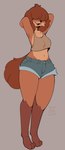 anthro barefoot blue_bottomwear blue_clothing blush bottomwear breasts brown_body brown_fur cheek_tuft clothed clothing countershade_torso countershading facial_tuft feet female fully_clothed fur grey_background grey_clothing grey_topwear hair hair_over_eyes hands_behind_head hotpants leg_markings markings midriff navel open_mouth shorts simple_background smile socks_(marking) solo standing tan_body tan_fur topwear tuft conditional_dnp tohupo mammal 2024 dated digital_media_(artwork) hi_res signature