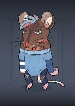 abstract_background anthro bell bell_collar blue_eyes brown_body brown_fur collar fur grey_background looking_at_viewer mouse_tail parody red_collar red_nose simple_background solo tail tail_wraps whiskers wraps trevor-fox trevor-fox_(character) mammal mouse murid murine rodent hi_res