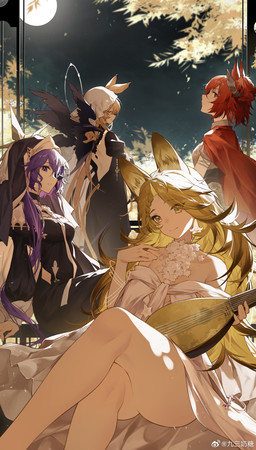 blonde_hair breasts cape clothing dress female group hair holding_lute looking_at_viewer moon night nun_habit outside plant purple_hair red_hair religious_clothing sitting smile tail tree white_clothing white_dress jiusan_naitan arknights hypergryph studio_montagne dorothy_(arknights) fiammetta_(arknights) quercus_(arknights) whisperain_(arknights) animal_humanoid cat_humanoid felid felid_humanoid feline feline_humanoid human humanoid jerboa_humanoid mammal mammal_humanoid rodent rodent_humanoid 2023 absurd_res digital_media_(artwork) hi_res
