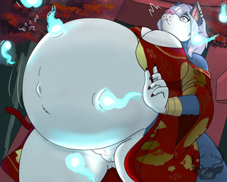 anthro big_breasts breasts clothed clothing female hyper hyper_pregnancy pregnant pregnant_anthro pregnant_female solo soul_pregnancy standing surprised wardrobe_malfunction manresasayron zoey_(husky_boi) canid canine canis domestic_dog ghost husky mammal nordic_sled_dog spirit spitz hi_res