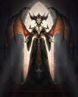 5_fingers 6_horns armor black_claws black_clothing black_dress black_horn blue_eyes breasts brown_wings claws clothed clothed_female clothed_humanoid clothing dress female female_humanoid finger_claws fingers forehead_gem gem green_body green_skin grey_wall horn inside light lips looking_at_viewer membrane_(anatomy) membranous_wings mouth_closed multi_horn notched_wings pauldron red_lips ruby_(gem) solo stained_glass_window standing wall_(structure) window wing_claws wings marie_gelebart blizzard_entertainment diablo diablo_4 lilith_(diablo) demon demon_humanoid horned_humanoid humanoid succubus winged_humanoid 2023 absurd_res colored digital_media_(artwork) digital_painting_(artwork) english_description full-length_portrait hi_res lighting painting_(artwork) portrait shaded