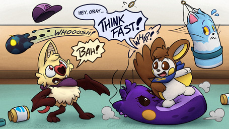 air_puff ambiguous_gender ball bat_wings belly blue_neckwear bodily_fluids broken_string brown_eyes brown_tail carbos_(pokemon) clothing dialogue feral group hat head_tuft headgear headwear heart_nose heart_symbol inside looking_at_another looking_back looking_up membrane_(anatomy) membranous_wings name_in_dialogue neckwear onomatopoeia open_mouth punching_bag purple_clothing purple_hat purple_headwear red_eyes sand_bag soccer_ball sound_effects speech_bubble sweat sweatdrop tail text tuft white_belly wings crizbn nintendo pokemon super_smash_bros. chris_(crizbn) animate_inanimate emolga generation_5_pokemon living_ball pokemon_(species) swoobat 16:9 2025 english_text hi_res widescreen nonbinary_(lore)