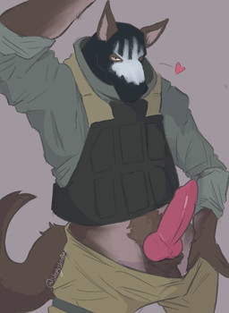 anthro bulletproof_vest clothed clothing gear genitals knot knotted_penis male mask partially_clothed penis solo tactical tactical_gear sleepysh3epy canid canine mammal hi_res