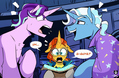 cape clothing crossgender dialogue eyewear female feral ftm_crossgender glasses group horn male mtf_crossgender purple_eyes quadruped questioning_tone scroll stuttering talking_to_another text trio redxbacon friendship_is_magic hasbro my_little_pony mythology starlight_glimmer_(mlp) sunburst_(mlp) trixie_(mlp) equid equine mammal mythological_creature mythological_equine unicorn english_text
