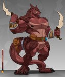 accessory amber_eyes anthro bag belt belt_pouch biceps biped blade bladed_weapon bracelet claws digitigrade fangs featureless_crotch foreshadowing furgonomics gradient_background holding_object holding_weapon horn jewelry knife liquid male manly muscular muscular_anthro muscular_legs muscular_male muscular_thighs nipples palette pecs pouch_(clothing) red_body red_scales red_skin ring scales serratus sharp_teeth simple_background solo spiked_tail spikes spikes_(anatomy) standing tail tail_accessory tail_bag tail_jewelry tail_ring teeth toe_claws weapon wristband valentinesartx kobold scalie 2024 hi_res