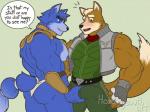 anthro anthro_on_anthro big_muscles blush bulge bulge_grab butt crossgender duo ftm_crossgender grope male male/male muscular muscular_male nipple_piercing nipples piercing text headingsouth nintendo star_fox fox_mccloud krystal_(star_fox) canid canine fox mammal 2019 4:3 english_text