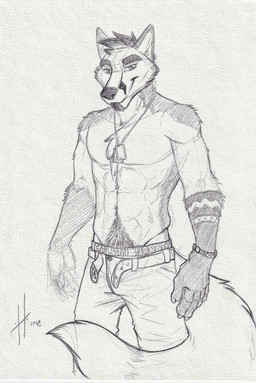 anthro athletic athletic_anthro athletic_male belt bottomwear clothed clothing front_view jewelry looking_at_viewer male male_anthro mouth_closed necklace open_belt pants pubes solo standing tail topless hufnaar canid canine fox mammal 2018 absurd_res dated hi_res monochrome portrait sketch three-quarter_portrait