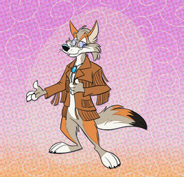 3_toes 4_fingers anthro barefoot black_eyes black_nose claws closed_smile clothing eyewear feet fingers fur glasses gradient_background grey_body grey_fur jacket male mouth_closed simple_background smile smiling_at_viewer solo tan_body tan_fur toe_claws toes topwear white_body white_fur dodgyrom canid canine canis coyote mammal 2022 character_request hi_res