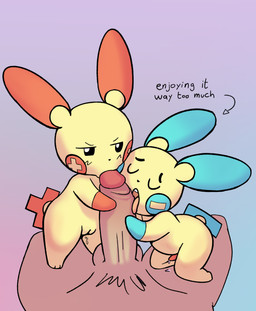 anthro bodily_fluids double_fellatio double_oral erection fellatio female feral genital_fluids genitals group group_sex humanoid_genitalia humanoid_penis male male/female male/male offscreen_male open_mouth oral penile penis sex simple_background tail text tongue trio darkpatito nintendo pokemon generation_3_pokemon humanoid mammal minun murid murine plusle pokemon_(species) rat rodent digital_media_(artwork) hi_res