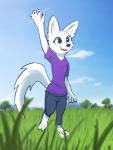 3_toes anthro barefoot blue_eyes canid canine claws clothing cloud digital_media_(artwork) disney enginetrap feet female fox gesture grass hi_res mammal open_mouth outside plant shaded sky skye_(zootopia) smile solo tail teeth toes tongue waving zootopia