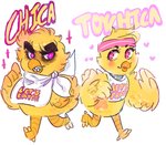 alternate_species beak bib blonde_hair claws duo eyebrows feathers female feral furrification hair handband heart_eyes heart_symbol orange_body pink_eyes purple_eyes running smile toe_claws wings yellow_body dongoverlord five_nights_at_freddy's five_nights_at_freddy's_2 scottgames chica_(fnaf) toy_chica_(fnaf) avian bird chicken galliform gallus_(genus) phasianid 2015 signature