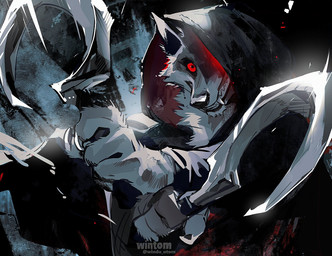 4_fingers anthro black_claws black_cloak black_clothing black_sclera claws cloak clothed clothing fangs fingers fur grey_body grey_fur holding_object holding_weapon hood hooded_cloak looking_at_viewer male melee_weapon multicolored_body multicolored_fur red_eyes sickle smile smiling_at_viewer solo teeth two_tone_body two_tone_fur weapon wintom dreamworks puss_in_boots_(franchise) death_(puss_in_boots) canid canine canis mammal wolf 2023 hi_res