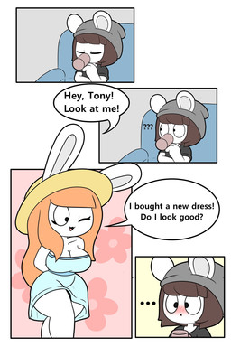 anthro beanie black_clothing black_shirt black_topwear blue_clothing blue_dress blush blush_lines breasts brown_hair cleavage clothed clothing dialogue dress drinking duo eyelashes female furniture grey_beanie grey_clothing grey_hat grey_headwear hair hat headgear headwear long_hair male one_eye_closed orange_hair shirt sofa speech_bubble straw_hat text thick_thighs topwear wink tonytoran tina_(tonytoran) tony_(tonytoran) chinchilla chinchillid lagomorph leporid mammal rabbit rodent 2:3 comic english_text hi_res
