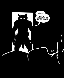 annoyed anthro clock dialogue duo flaccid genitals humor male male/male night penis shadow text tired waking_up smagma beastars onlyfans legoshi_(beastars) louis_(beastars) canid canine canis cervine deer mammal red_deer wolf english_text hi_res monochrome