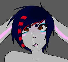 alternative_fashion ambiguous_gender anthro big_ears black_hair blue_eyeshadow blush bodily_fluids cum cum_on_face cum_on_lips emo eyeshadow facial_piercing genital_fluids grey_background grey_body hair lip_piercing lip_ring looking_at_viewer makeup piercing pink_inner_ear pink_nose pink_tongue red_eyes ring_piercing simple_background tongue thatoneorphan hybrid lagomorph leporid mammal rabbit vampire