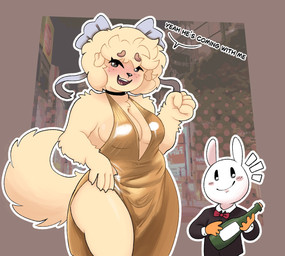accessory anthro black_eyes black_nose blush blush_lines blush_stickers bow_ribbon breasts brown_eyebrows chest_tuft clothed clothing dress duo eyebrows eyelashes female fluffy fluffy_tail freckled_face freckles fur glistening glistening_eyes hair hair_accessory hair_bow hair_ribbon long_eyelashes long_tail open_mouth open_smile red_tongue ribbons short_hair smile suit tail tan_body tan_ears tan_fur tan_hair tan_tail teeth teeth_showing text thick_eyebrows thick_thighs tongue tuft white_body white_ears white_fur wine_bottle skibanana jessica_(skibanana) canid canine canis domestic_dog lagomorph leporid mammal rabbit absurd_res english_text hi_res