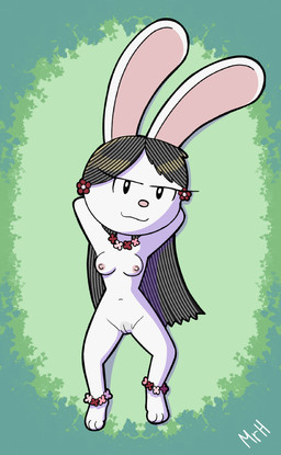 anthro breasts dakimakura female genitals grass hair hands_behind_head looking_at_viewer nipples nude plant smile solo spread_legs spreading vulva mr_harinezumi elinor_wonders_why pbs elinor_rabbit lagomorph leporid mammal rabbit absurd_res dakimakura_design hi_res