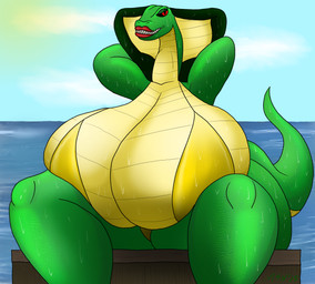 anthro big_breasts big_tail bikini bikini_bottom bikini_top black_sclera breasts clothing cloud dripping female hands_behind_head huge_breasts hyper hyper_breasts light lips lipstick makeup mature_anthro raised_arm red_eyes red_lips red_lipstick scales sea sharp_teeth sky solo spread_legs spreading sun sunlight swimwear tail teeth thick_lips thick_thighs two-piece_swimsuit ventral_scales water wet wet_body wet_clothing m4n thalia_materni_(deaganthedeag) cobra elapid_(snake) king_cobra reptile scalie snake absurd_res hi_res