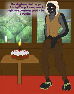 anthro big_bulge bottomwear bulge cake candle clothing dessert food footwear grin grinning_at_viewer hand_on_bulge holding_bulge hoodie inside inviting looking_at_viewer male pants paws piercing presenting sandals shoes smile smiling_at_viewer solo suggestive terrain text topwear vest window conditional_dnp samagthrav2 microsoft minecraft mojang xbox_game_studios dusk_(draconianvanguard) enderman absurd_res english_text hi_res