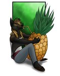 anthro bendy_straw border clothed clothing drinking drinking_straw eyes_closed eyewear eyewear_on_head flip_flops food footwear fruit glasses hair male membrane_(anatomy) pineapple plant sandals shoes sitting smile solo tongue tongue_out white_border winged_arms wings duster_(artist) scout_(bat) bat mammal