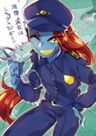 blue_body blue_skin clothing cuff_(restraint) female hair hand_on_hip handcuffs looking_at_viewer metal_cuffs one_eye_closed police police_hat police_uniform ponytail red_hair restraints shackles sharp_teeth smile solo teeth uniform yellow_sclera yellow_teeth pugthe2ro undertale undertale_(series) undyne animal_humanoid fish fish_humanoid humanoid marine marine_humanoid hi_res