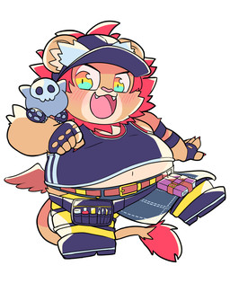 anthro belly blush chibi clothing fingerless_gloves gloves handwear hat headgear headwear male navel overweight overweight_male shirt solo tank_top topwear visor_cap ajk_inziu lifewonders tokyo_afterschool_summoners vapula_(tas) felid lion mammal pantherine