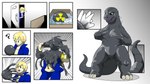 blonde_hair blue_clothing bound clothing encasement female feral ftm_transformation gender_transformation goo_transformation green_eyes grey_body grey_scales grey_skin hair latex latex_clothing latex_skinsuit male rubber_clothing scales skinsuit solo tight_clothing transformation lizardman_(artist) godzilla_(series) toho fan_character godzilla human mammal 16:9 comic widescreen