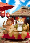 anthro asian_clothing belly blue_eyes blue_sky blush circle_eyebrows claws clothed clothing detailed_background duo east_asian_clothing eyebrows food fundoshi fundoshi_only fur hair horn japanese_clothing kemono male male/male moobs navel nipples overweight overweight_anthro overweight_male red_hair red_leaves sitting sky teeth topless underwear underwear_only white_belly white_hair yellow_body yellow_fur young young_anthro gappu asian_mythology east_asian_mythology japanese_mythology mythology demon domestic_cat felid feline felis mammal oni yokai hi_res