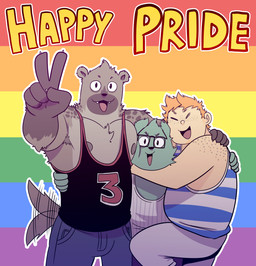 5_fingers anthro armpit_hair body_hair bottomwear brown_body brown_fur clothed clothing cute_fangs eyes_closed eyewear fangs fingers freckles fur gesture glasses group group_hug hand_gesture hand_on_back hand_on_shoulder hand_on_side happy head_on_chest hug hugging_another lgbt_pride looking_at_viewer male nipples open_mouth open_smile pants pecs pride_colors rainbow_colors rectangular_glasses shirt side_hug smile tail tail_motion tailwag tank_top teal_body teal_fur teeth topwear trio v_sign t0l0k carlos_(t0l0k) gabo_(t0l0k) t0l0k_(character) canid canine canis domestic_dog human hyena mammal 2026 digital_media_(artwork) hi_res