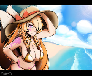 2_tails beach big_breasts bow_ribbon breasts clothing eyeshadow female hair hair_over_eye hat headgear headwear makeup multi_tail not_furry pigtails straw_hat tail tattoo pinacatte golden_week maple_(maple_chicken) absurd_res hi_res