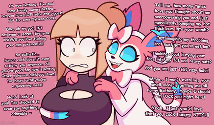bestiality big_breasts breast_play breasts dialogue dirty_talk duo female female_human female_on_feral feral feral_dominating_human human_on_feral imminent_sex interspecies male male/female male_feral male_on_human shaking shocked size_difference talking_feral text trembling euphorica nintendo pokemon bethany_(euphorica) eeveelution generation_6_pokemon human mammal pokemon_(species) sylveon aliasing binary_drawing digital_drawing_(artwork) digital_media_(artwork) english_text