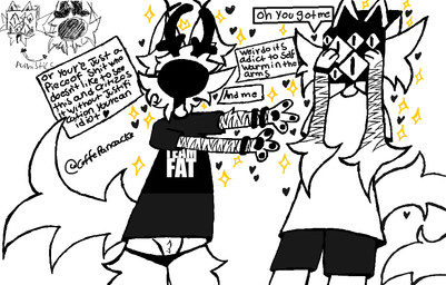 anthro antlers boxers_(clothing) cat_tail clothing dialogue duo faceless feral hair horn long_hair long_tail male male/male multi_eye paws punching_bag scar self-harm self-harm_scars shirt speech_bubble tail text text_on_clothing topwear underwear weirdcore voidlyvessel voidly_(voidlyvessel) weirdcorpsecato_(voidlyvessel) box_head deer domestic_cat felid feline felis mammal