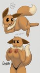 2020 anthro anthrofied areola big_areola big_breasts black_clothing black_nose black_panties black_underwear breast_squish breasts brown_areola brown_nipples chest_tuft clothed clothing dialogue digital_media_(artwork) dipstick_tail doggomeatball eevee english_text female feral generation_1_pokemon hi_res looking_at_viewer lying markings mostly_nude nintendo nipples on_side panties pink_areola pokemon pokemon_(species) pokemorph semi-anthro signature simple_background skimpy solo squish tail tail_markings talking_feral talking_to_viewer text topless topless_female tuft underwear