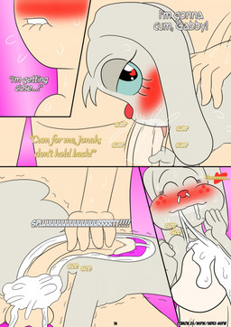 anthro balls blush bodily_fluids cartoon_freckles cum cum_in_mouth cum_inside dialogue duo eyelashes fellatio female freckled_face freckles genital_fluids genitals long_eyelashes looking_at_viewer male male/female motion_lines oral penile penis sex text wings otakon_(artist) angel_hare the_east_patch angel_gabby jonah_whitman angel human lagomorph leporid mammal rabbit comic english_text hi_res