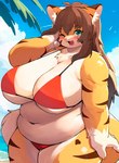 anthro belly big_belly big_breasts bikini blush breasts clothed clothing curvy_figure day deep_navel female fur hair huge_breasts kemono long_hair multicolored_body multicolored_fur navel obese obese_anthro obese_female orange_body orange_fur outside overweight overweight_anthro overweight_female solo striped_body striped_fur stripes swimwear thick_thighs two-piece_swimsuit under_boob voluptuous white_body white_fur wide_hips akitaka felid mammal pantherine tiger hi_res