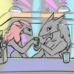 alcohol bedroom_eyes beverage clothed clothing duo eye_contact eyelashes hair half-closed_eyes hand_holding inside lights long_hair looking_at_another male mane multi_ear narrowed_eyes neveran nightclub nude orange_eyes seductive sitting smile test_pattern_(artist) james_misjizdran alien hybrid sergal talyxian tozol valcien 1:1 2011 digital_media_(artwork) sketch