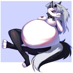 3_toes 5_fingers anthro belly big_belly black_eyebrows black_nipples black_nose blue_background border breasts clothing collar eyebrows feet female fingers fur grey_body grey_fur grey_hair hair huge_belly leggings legwear looking_at_viewer multicolored_body multicolored_fur nipples notched_ear sharp_teeth simple_background solo teeth toes vore white_border white_eyes iam3d hellaverse helluva_boss mythology loona_(helluva_boss) canid canid_demon canine demon hellhound mammal mythological_canine mythological_creature 1:1 hi_res shaded