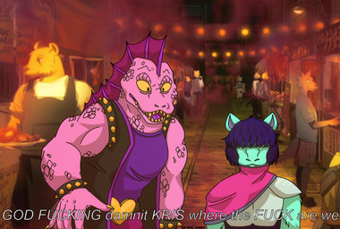 alternate_species anthro armband bracelet clothed clothing dialogue duo female humor jewelry male muscular muscular_female obscured_eyes parody profanity screencap screencap_background spiked_armband spiked_bracelet spikes style_emulation text wristband yellow_sclera minionwater beastars deltarune kris_where_are_we undertale_(series) kris_dreemurr susie_(deltarune) equid equine horse komodo_dragon lizard mammal monitor_lizard reptile scalie 2021 english_text meme signature