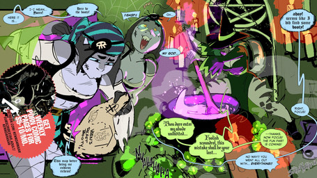 advertisement bone cauldron clothing costume dialogue female halloween_costume halloween_decoration hat headgear headwear holidays magic_user pirate pirate_costume pirate_outfit skull speech_bubble spider_web text witch witch_costume witch_hat witchcraft kenno_arkkan halloween malina_miller_(huldinha) sharon_(my_life_with_fel) aquatic arachnid arthropod fish hyena mammal shark spider striped_hyena 16:9 2025 adversarial_noise digital_media_(artwork) english_text hi_res widescreen